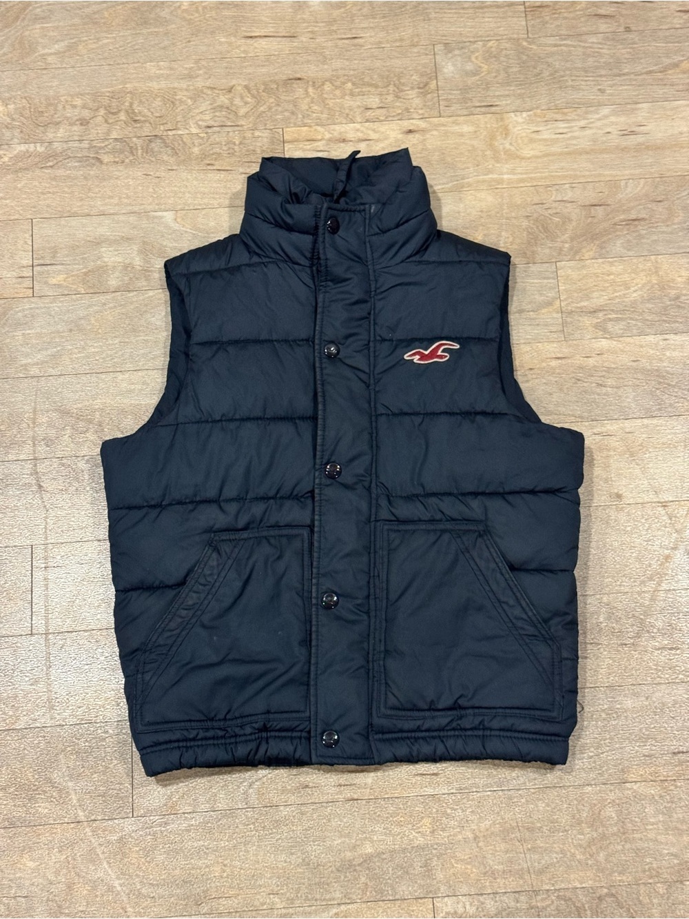 Hollister Navy Blue Puffer Vest Mock Neck Collar Seagull Logo Embroidered Size M